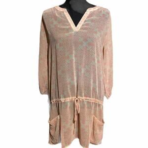 CAbi Sheer Tunic Top Pink and Yellow Cinch Tie Waist Pockets Women's M Medium